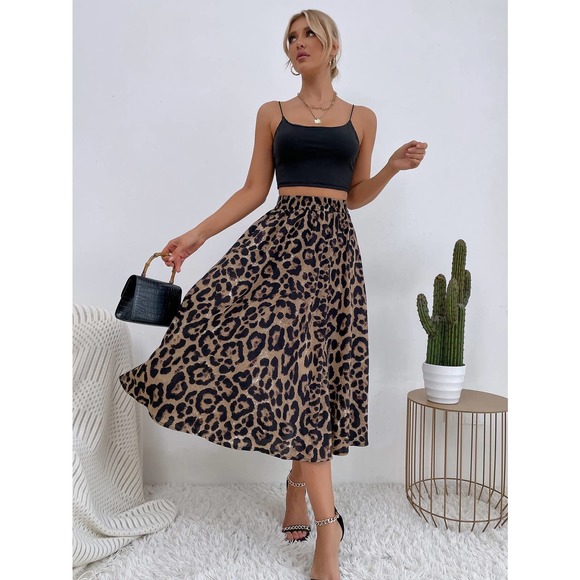 Leopard Print High Waist midi Skirt Minimalist Business Casual - Picture 4 of 7